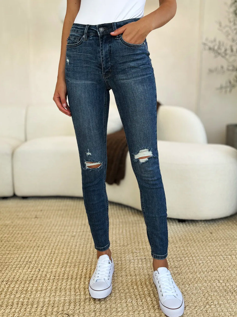 Judy Blue Full Size Mid Waist Distressed Slim Jean
