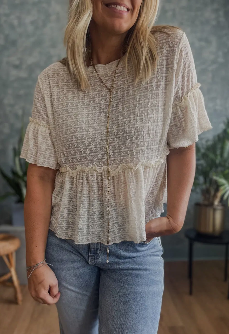 Beige Solid Textured Ruffled Sleeve Blouse