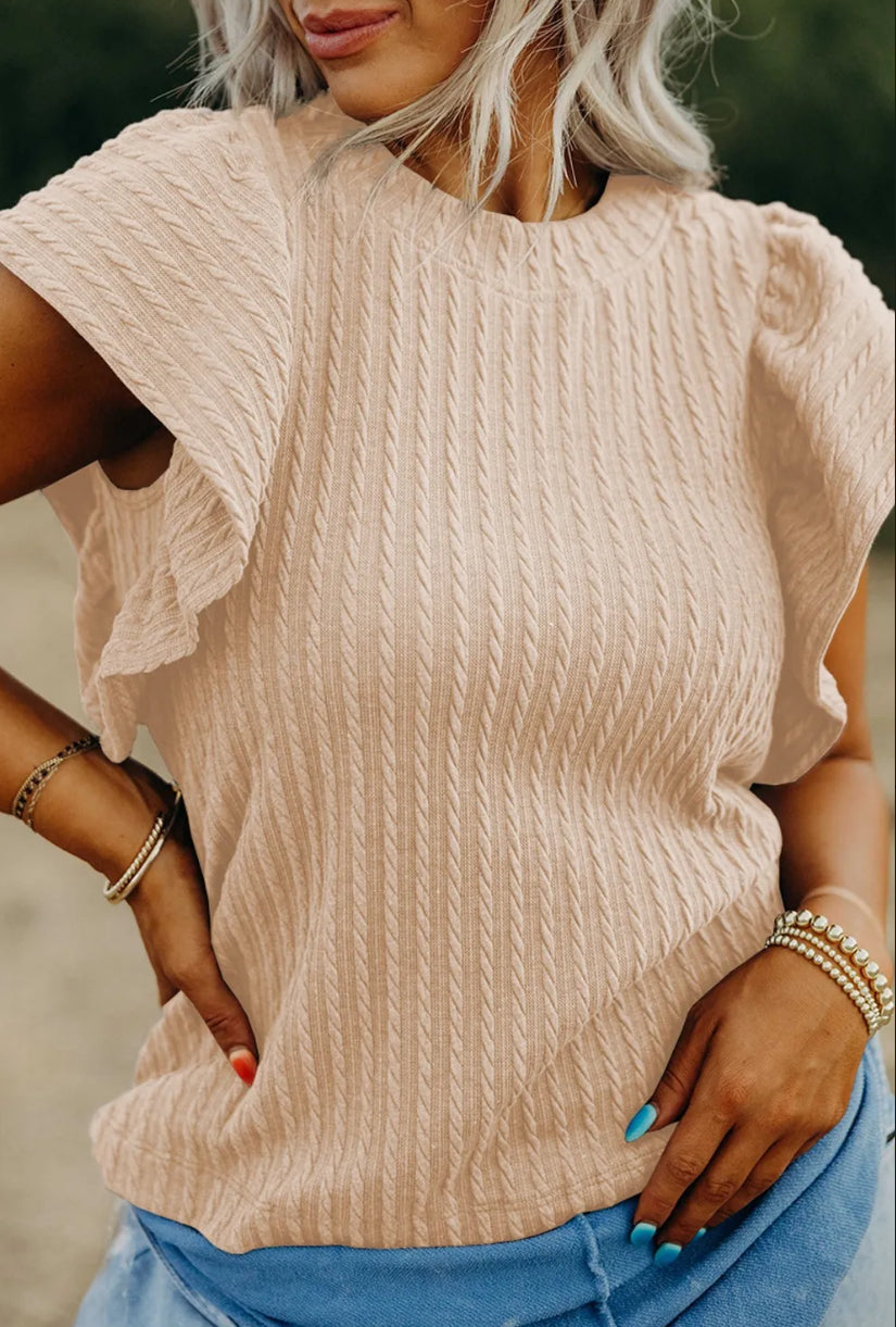 Textured Round Neck Cap Sleeve Top