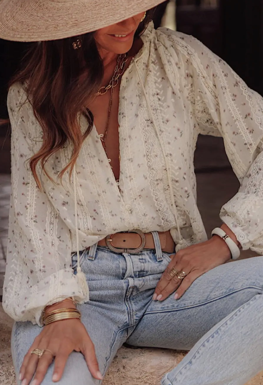 Floral Embroidered Lace Ruffled Top