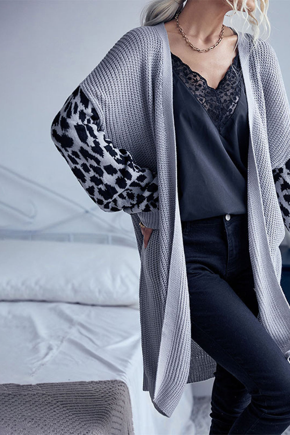 Perfee Leopard Sleeves Waffle Knit Open Front Cardigan