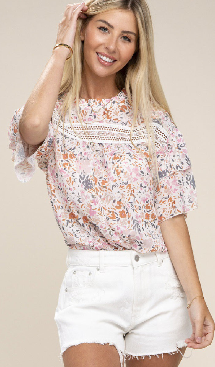 Floral Chiffon Blouse With Lace Trim