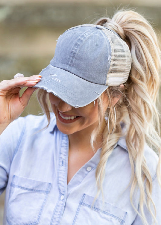 Distressed Messy Bun Hat