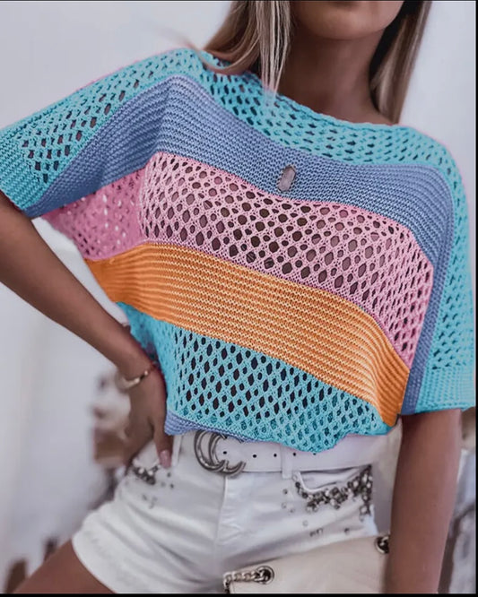 Colorblock Crochet Knit Top